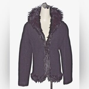 ISDA & CO SZ S SMALL BLACK 100% WOOL JACKET BLAZER FAUX FUR TRIM EXCELLENT